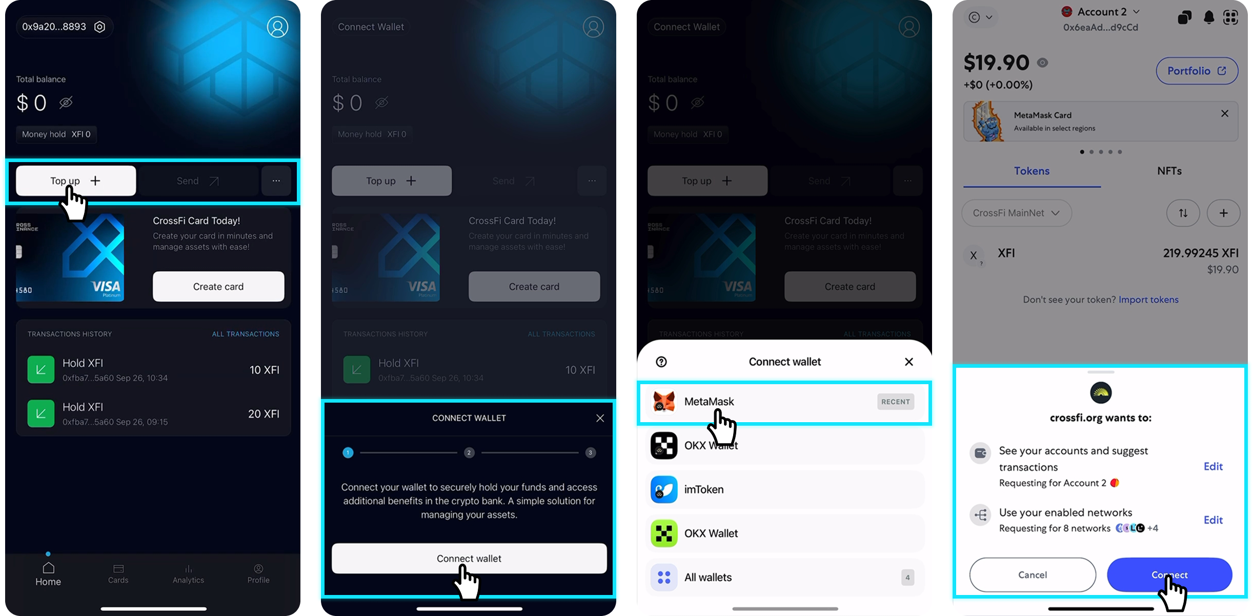 Connect wallet and return to CrossFi App with wallet address displayed