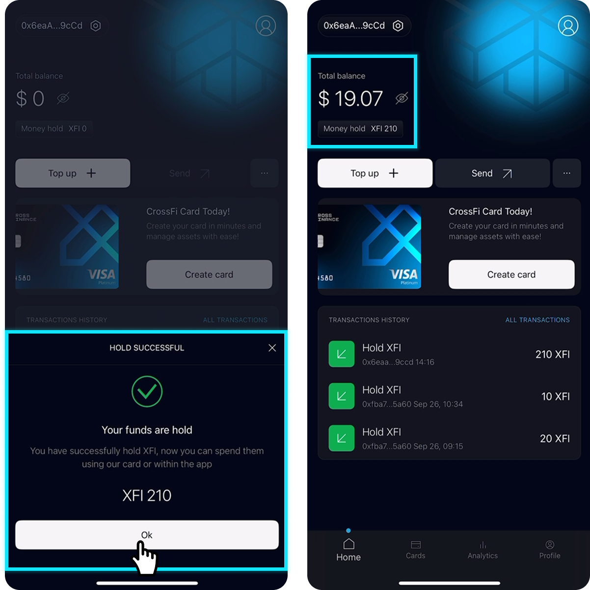Successful top-up with updated CrossFi App balance