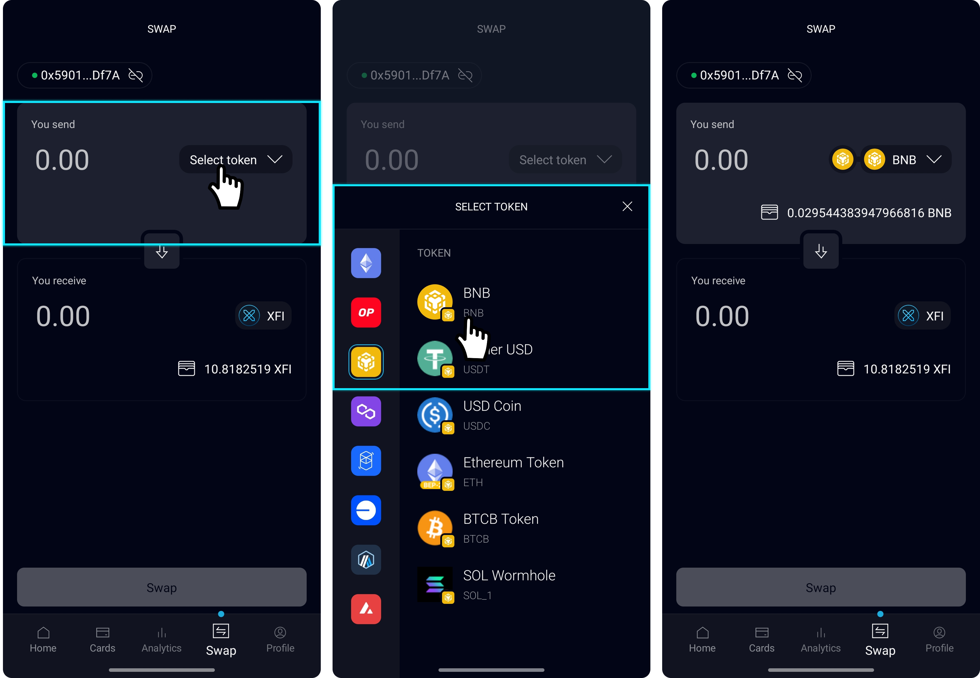 Select source network and token